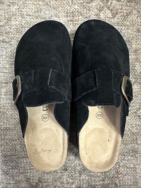 Black Suede Buckle Clog Mule with Cushioned Footbed